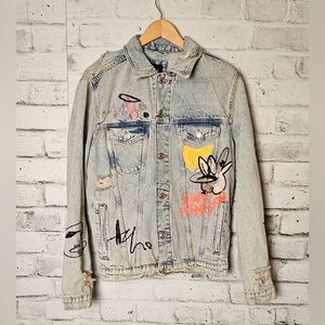 ZARA Distressed Graffiti Art Denim Jacket Streetwear Size M